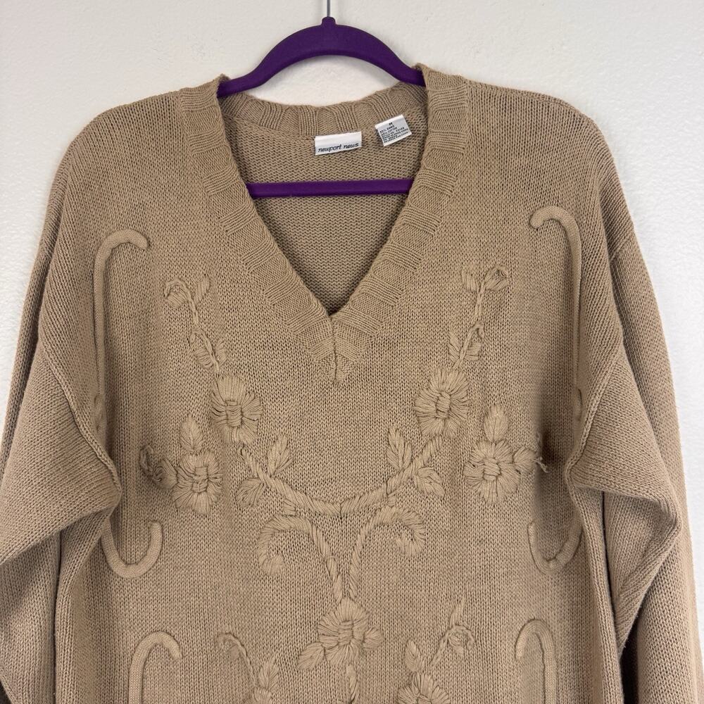 Vintage Newport News Embroidered 90s Mom Knit Tunic Sweater Cottagecore Tan M - Picture 2 of 16